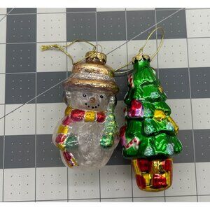 Lot of 2 Christmas Tree & Snowman Glass Christmas Ornaments